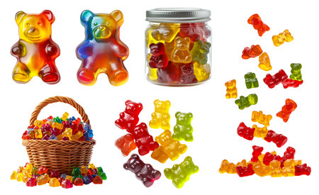 Gummy gummies jelly bear chewy sweet candy candies, many angles view, glass jar bottle, basket, falling drop, cluster pile stack on cutout. Mockup template for designの写真素材