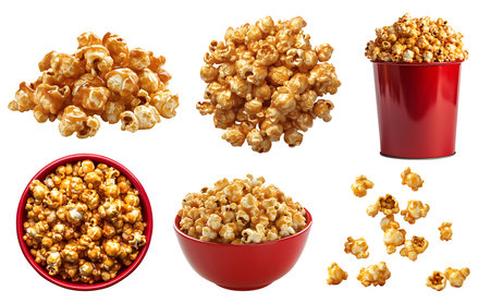 Melted dripping golden yellow caramel sugar syrup of Popcorn corn kernel grains, pile, red bowl bucket, dropping levitate flying scattered on cutout. Mockup templateの写真素材