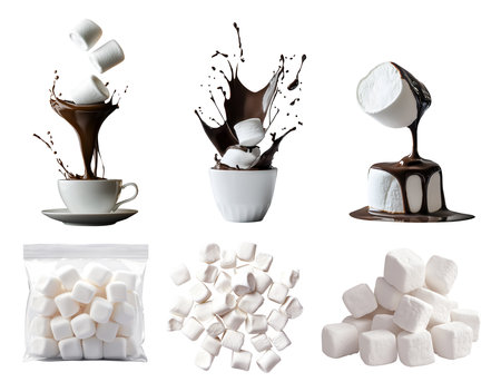 White fluffy marshmallow with melted splashing dripping chocolate cocoa, drink cup, sealed foil pack, pile stack group, sweet dessert on cutout. Many different styleの写真素材