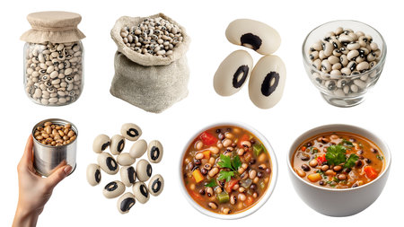 Black-eyed bean, cowpea, legume seed plant pea vegetable, many angles view, glass jar bottle cup,...