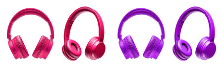2 Set of purple pink magenta audio stereo headphones headset earpiece earphone Earbud, front side view on cutout. Mockup template for artworkの写真素材