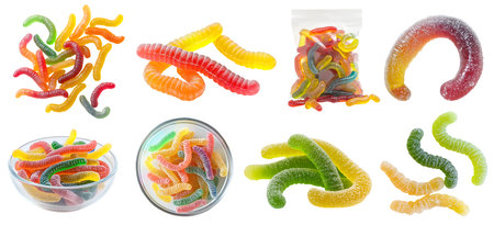 Sugar Gummy gummies jelly worm chewy sweet candy candies, many angles view, bowl, sealed foil packet pack, falling drop, pile stack on cutout. Mockup templateの写真素材
