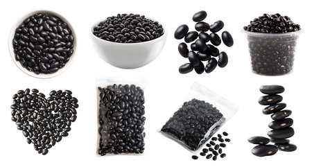 Black turtle bean, Phaseolus vulgaris legume seed plant pea vegetable, many angles view, white bowl, sealed packet pack foil, plastic cup, heart love shape, cutout.の写真素材