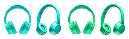 2 Set of turquoise blue green audio stereo headphones headset earpiece earphone Earbud, front side view on cutout. Mockup template for artworkの写真素材