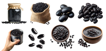 Black turtle bean, Phaseolus vulgaris legume seed plant pea vegetable, many angles view, glass jar bottle cup, cooked gravy, hand hold can, burlap gunny sack on cutoutの写真素材