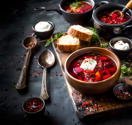 Creative food template. Bowl of beet beetroot borscht sour soup with sour cream and garnish dill and sourdough bread on wooden board dark linen cloth warm rustic settingの写真素材