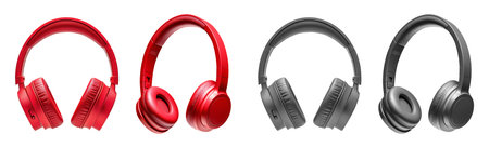 2 Set of grey gray red maroon audio stereo headphones headset earpiece earphone Earbud, front side view on cutout. Mockup template for artworkの写真素材