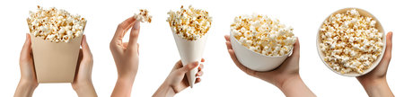 Set of hand holding Popcorn corn kernel grains in paper cone, bowl, brown takeaway pack bag, individual, pile stack isolated on cutout. Mockup template for artworkの写真素材