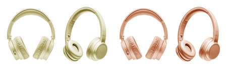 2 Set of pastel pastel light orange yellow audio stereo headphones headset earpiece earphone Earbud, front side view on cutout. Mockup template for artworkの写真素材
