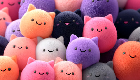 Creative art concept. Plush plushie colourful cute woollen wool yarn ball smiling kitten kitty cat, hand-crafted fuzzy toys. Seamless long banner wallpaperの写真素材
