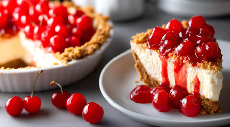 Creative food template. Slice of No-Bake Cherry fruit cream Cheese cake cheesecake on plate surround with cracker crust crumbles, linen cloth. copy text spaceの写真素材