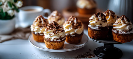 Creative food template. Rows of Tiramisu Cupcake muffin with cocoa powder sprinkle frosting topping on granite counter. Long banner wallpaper. copy text spaceの写真素材