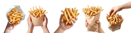 Set of hand holding Crinkle cut wavy potato french fries fry, brown takeaway pack bag packet, pile stack isolated on cutout. Mockup template for artwork designの写真素材