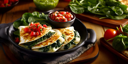 Creative food template. SautÃ©ed Spinach and melted cheese mexican quesadilla tortilla with fresh...
