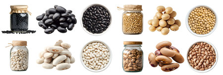 4 set of legume seed plant bean, Soybean soya soy , Black turtle, White cannellini, Pinto frijoles speckled, pile stack, glass jar, bowl, isolated cutout. Mockup templateの写真素材
