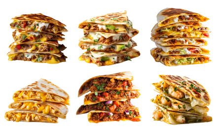 Set of quesadilla tortilla, with different ingredients fish kebab beef cheese lamb chicken salsa chili vegetable guacamole on cutout. Mockup template for artwork designの写真素材