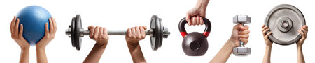 Set of hand holding fitness sports training workout dumbbells, Kettlebell, medicine tone gym ball, weighted disc plate, barbell, weights isolated on cutout. Mockup templateの写真素材