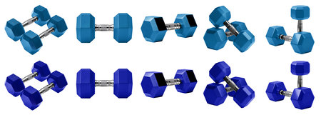 2 collection set of dark light blue fitness sports training workout dumbbells weights, many view angle isolated on cutout. Mockup template for artworkの写真素材