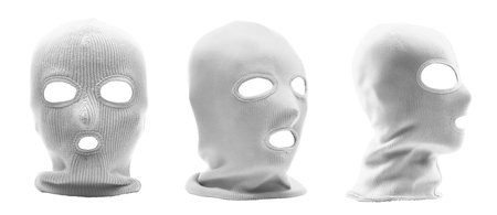 Set of white classic knit knitted woven cuffed wool ribbed fleece balaclava face ski mask headgear, front side view on cutout file. Mockup template for artwork designの写真素材