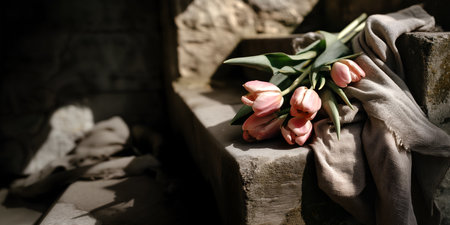 Creative Floral composition. Bundle of pastel pink tulip on soft beige linen cloth lying on rustic stone steps in muted natural spring light. Template for product presentation dispの写真素材