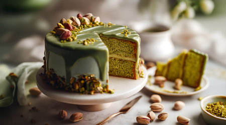 Creative food template. Torta al Pistacchio cake sliced with cream frosting ganache dripping with pistachios and roasted nuts, with country retro tea set. copy text spaceの写真素材