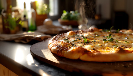 Creative food Concept. Hot steaming melting cheese basil fresh out of oven on wooden board, rustic table kitchen with wam light setting. copy text space.の写真素材