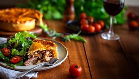 Creative food Concept. Slice of duck confit flaky crust pie with salad cherry tomatoes, wine on...