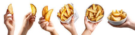 Set of hand holding Potato wedges wedge slices, in paper packet bag, bowl, individual, pile stack on cutout. Mockup template for artworkの写真素材