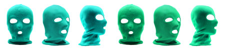 2 Set of turquoise blue green classic knit knitted woven cuffed wool ribbed fleece balaclava face ski mask headgear, front side view on cutout file. Mockup templateの写真素材
