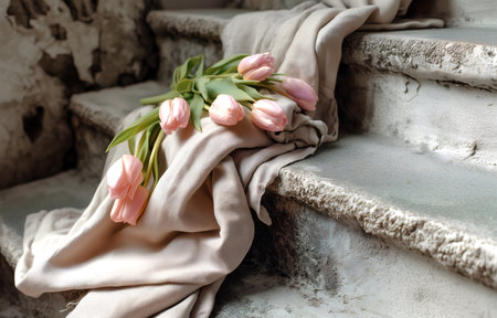 Creative Floral composition. Bouque of pastel pink tulip on soft beige linen cloth lying on rustic stone steps in muted natural spring light. Template for product presentation dispの写真素材