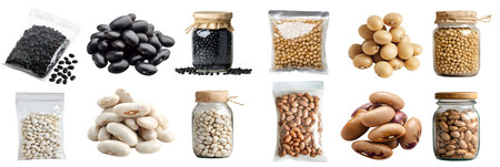 4 set of legume seed plant bean, Soybean soya soy , Black turtle, White cannellini, Pinto frijoles speckled, pile, glass jar, sealed pack, cutout. Mockup template.の写真素材