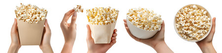 Set of hand holding Popcorn corn kernel grains i, bowl, brown takeaway pack bag, individual, pile stack isolated on cutout. Mockup template for artwork designの写真素材