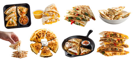 Set of quesadilla tortilla, with different ingredients style, beef cheese chicken guacamole, skillet pan cooking, plate, takeaway plastic tray, hand hold on cutout.の写真素材