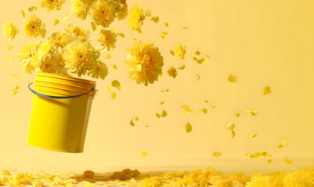 Creative floral concept. A yellow paint bucket floating in the air surrounded by chrysanthemums with falling petals blooming spring flowers flora. Mock up template. copy text spaceの写真素材