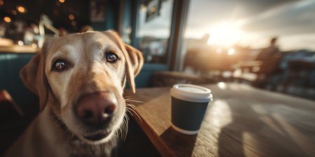 Creative animal template. Close up of happy Labrador dog puppy with coffee on wooden table blurred rustic shop cafe restaurant, evening sun shining. long banner wallpaper. copy texの写真素材