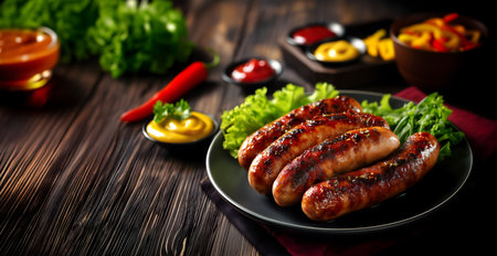Creative food Concept. Plate of grilled sausages on lettuce with mustard ketchup and chili bell pepper salad on dark wooden rustic. copy text space, long banner wallpaper.の写真素材