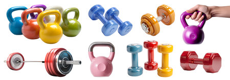 set of colourful fitness sports training workout dumbbells Kettlebell, barbell, weights, different style angle isolated on cutout. Mockup template for artworkの写真素材