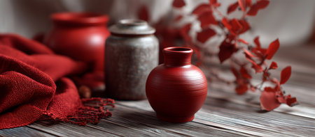 Abstract minimal concept. Red bronze ceramic vase jar with woollen cloth and dry flower background...