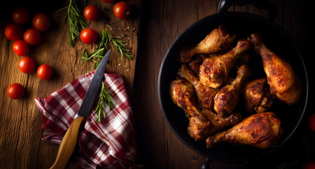 Creative food Concept. Skillet pan with Roasted grilled chicken turkey drumstick thigh legs with carving knife, checked tablecloth, tomato, rosemary herb on rustic wooden table. coの写真素材