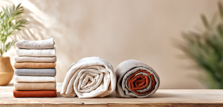 Creative lifestyle concept. Stack of neatly folded and rolled linen fabric in muted colours with blur leaves sunlight shadow rustic wooden table background. Template for presentatiの写真素材