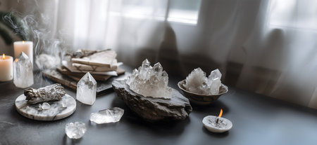 Creative lifestyle concept. Spiritual mindfulness header sage burning, crystal and quartz, candles...