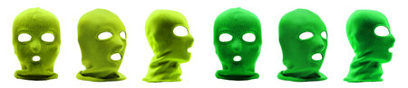 Set of 2, dark green lime classic knit knitted woven cuffed wool ribbed fleece balaclava face ski mask headgear, front side view on cutout file. Mockup templateの写真素材