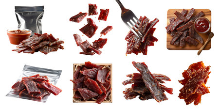 Set of meat jerky, beef pork chicken turkey, sealed plastic pack, flying, fork, serve board, bbq sauce, box, bundle sliced pile stack on cutout. Mockup template designの写真素材
