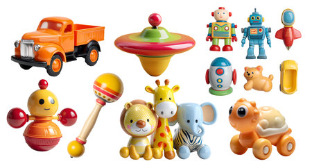 Set of nostalgia vintage toys accessories for baby children toddler on cutout. Many different colourful robot, rattle, spin top, truck, rocket, animal. Mockup template for designの写真素材