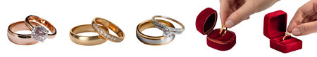 Set collection of nuptial couple wedding promise rings band, with diamond, rose gold silver, finger reaching isolated on cutout. Mockup template for designの写真素材