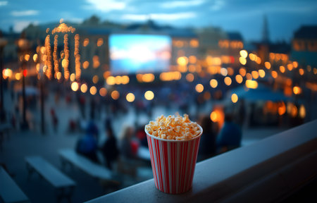 Creative lifestyle food concept. A red white striped popcorn bucket on top of terrace with blurred bokeh night outdoor cinema movie event carnival background. copy text spaceの写真素材