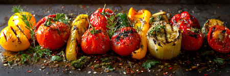 Creative food concept. Row of grilled vegetables tomato, squash, onion, zucchini, Capsicum, bell pepper chili, rosemary herb, pepper on rustic wooden background. copy text space. lの写真素材