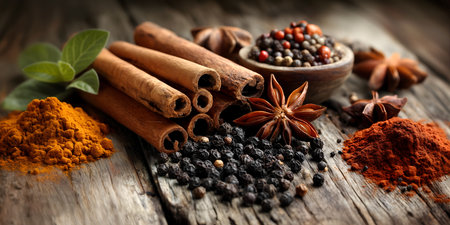 Creative food template. Array of mixed spices herb, cinnamon sticks, star anise, black peppercorns...