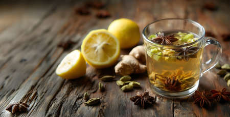 Creative food template. A glass of tea with dried lemon, ginger and star anise herb spice on rustic wooden background. copy text space.の写真素材