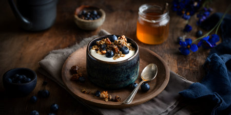 Creative food template. Ceramic bowl of yogurt with granola, seed cereal grains flakes oat wheat muesli with blueberry, honey, flower on linen cloth rustic vintage wooden backgrounの写真素材